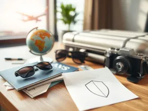 Zestaw podróżny z paszportami i ikoną polisy ubezpieczeniowej na tle walizki oraz startującego samolotu.