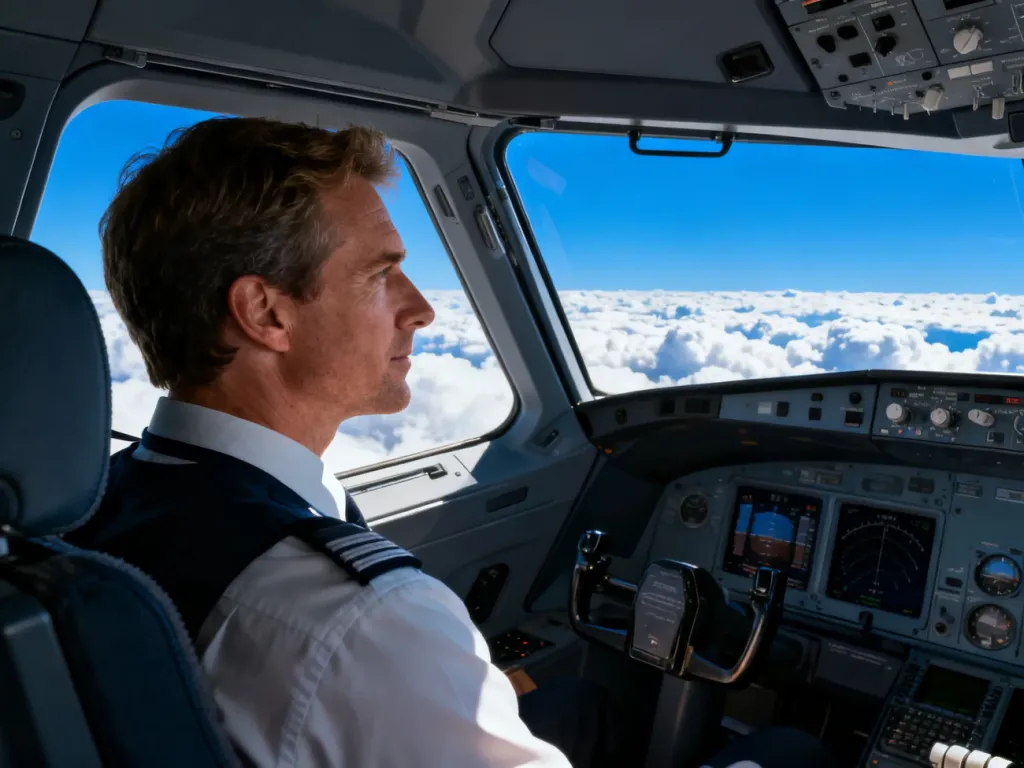 Pilot w kokpicie nowoczesnego samolotu obserwujący niebo ponad warstwą chmur.