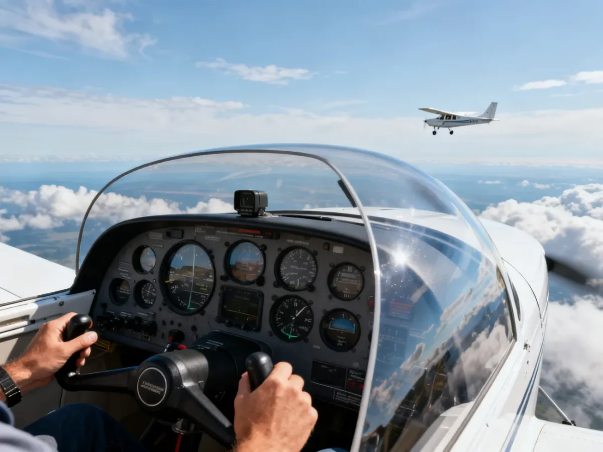 Kabina małego samolotu z widocznymi przyrządami i horyzontem, pilot steruje w spokojnych warunkach VFR/IFR