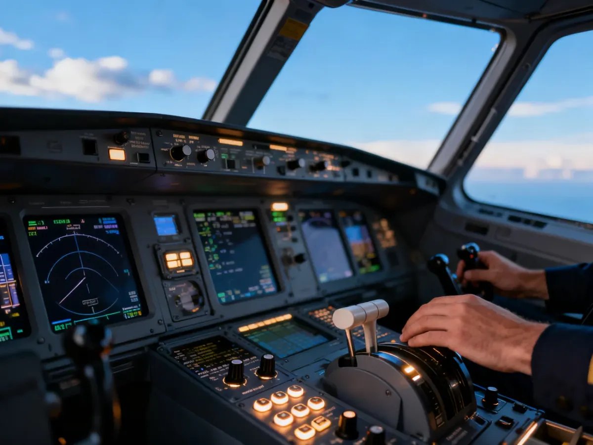 Nowoczesny glass cockpit samolotu z cyfrowymi wyświetlaczami i rękami pilota na sterach na tle spokojnego, błękitnego nieba