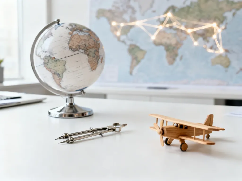 Model globu, kompas i miniatura samolotu na biurku z mapą połączeń lotniczych w tle.