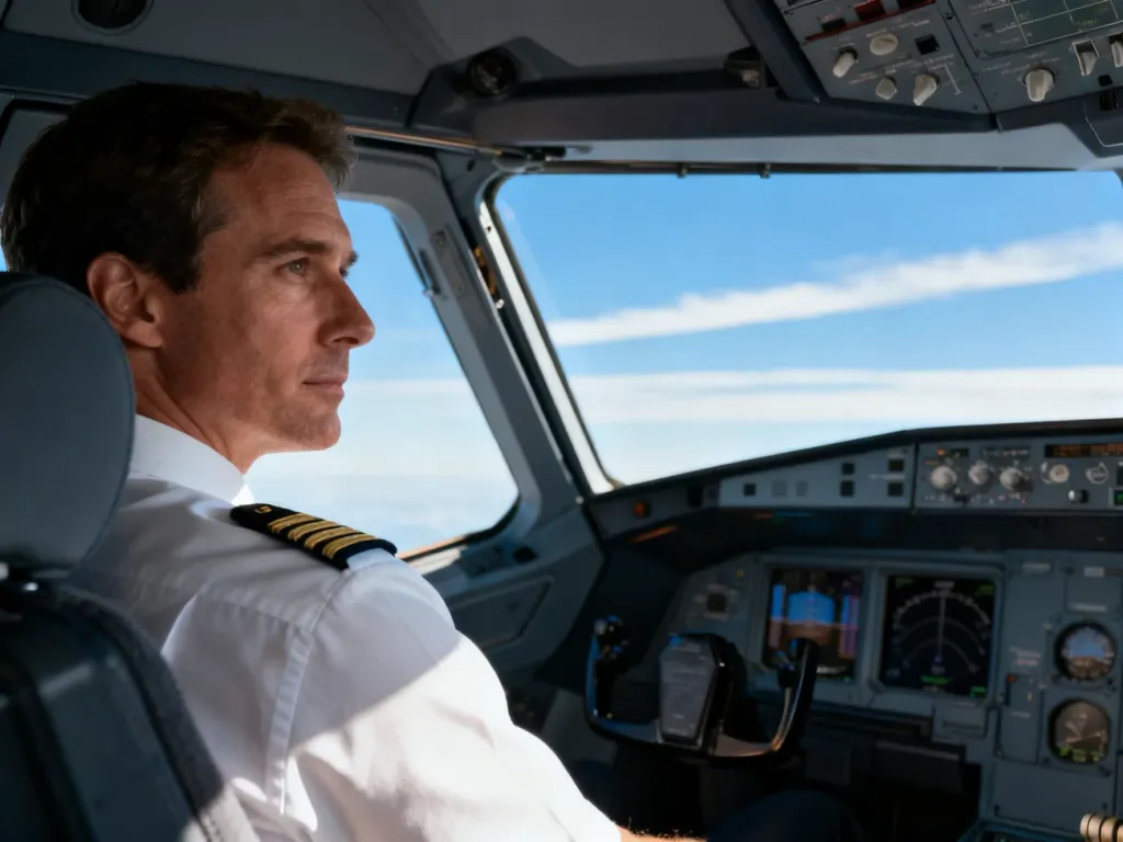 Pilot w kokpicie nowoczesnego samolotu, skupiony na obserwacji nieba podczas lotu.