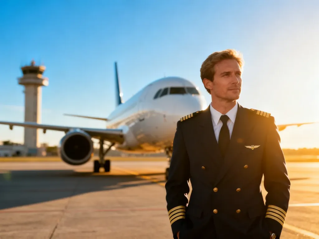 Pilot w mundurze stoi na płycie lotniska przed nowoczesnym samolotem w słoneczny dzień.