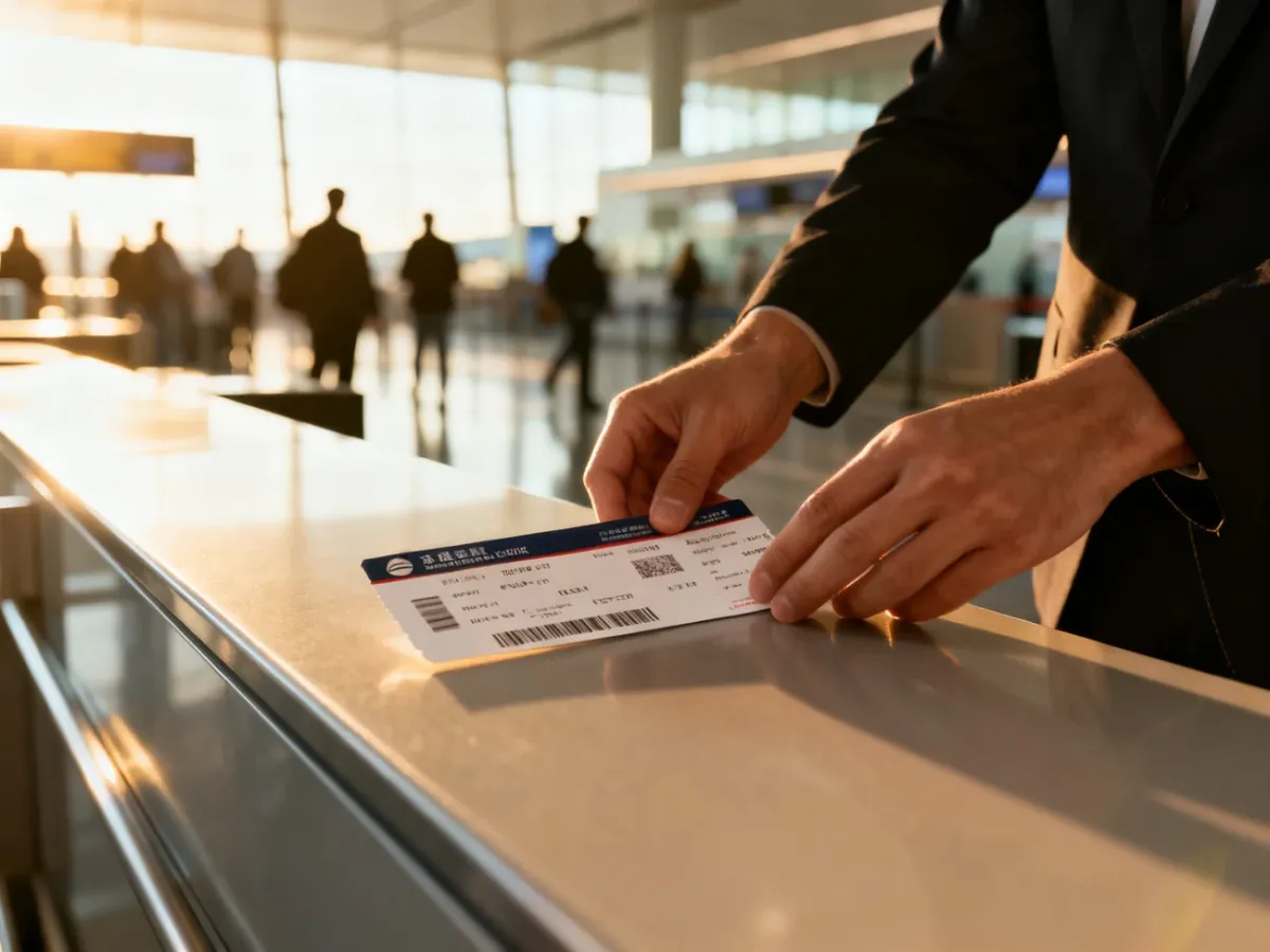 Pasażer kładzie kartę pokładową na stanowisku odprawy na lotnisku w jasnym, nowoczesnym terminalu.