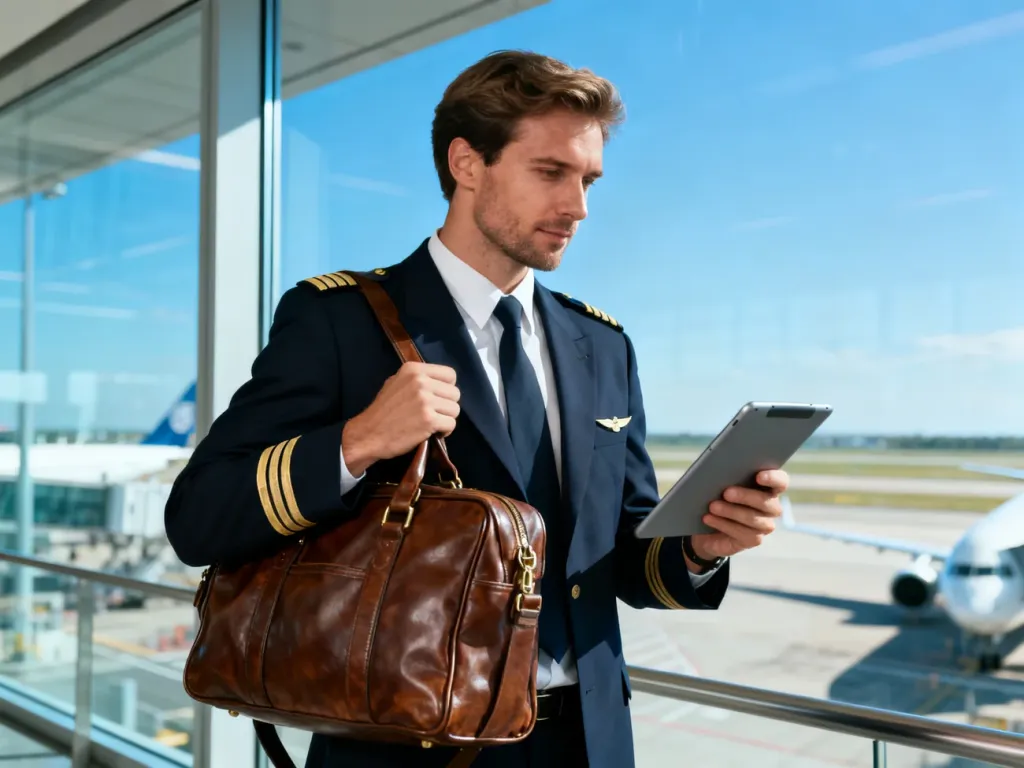 Pilot z torbą lotniczą i tabletem na lotnisku, przygotowujący się do lotu w nowoczesnym terminalu.