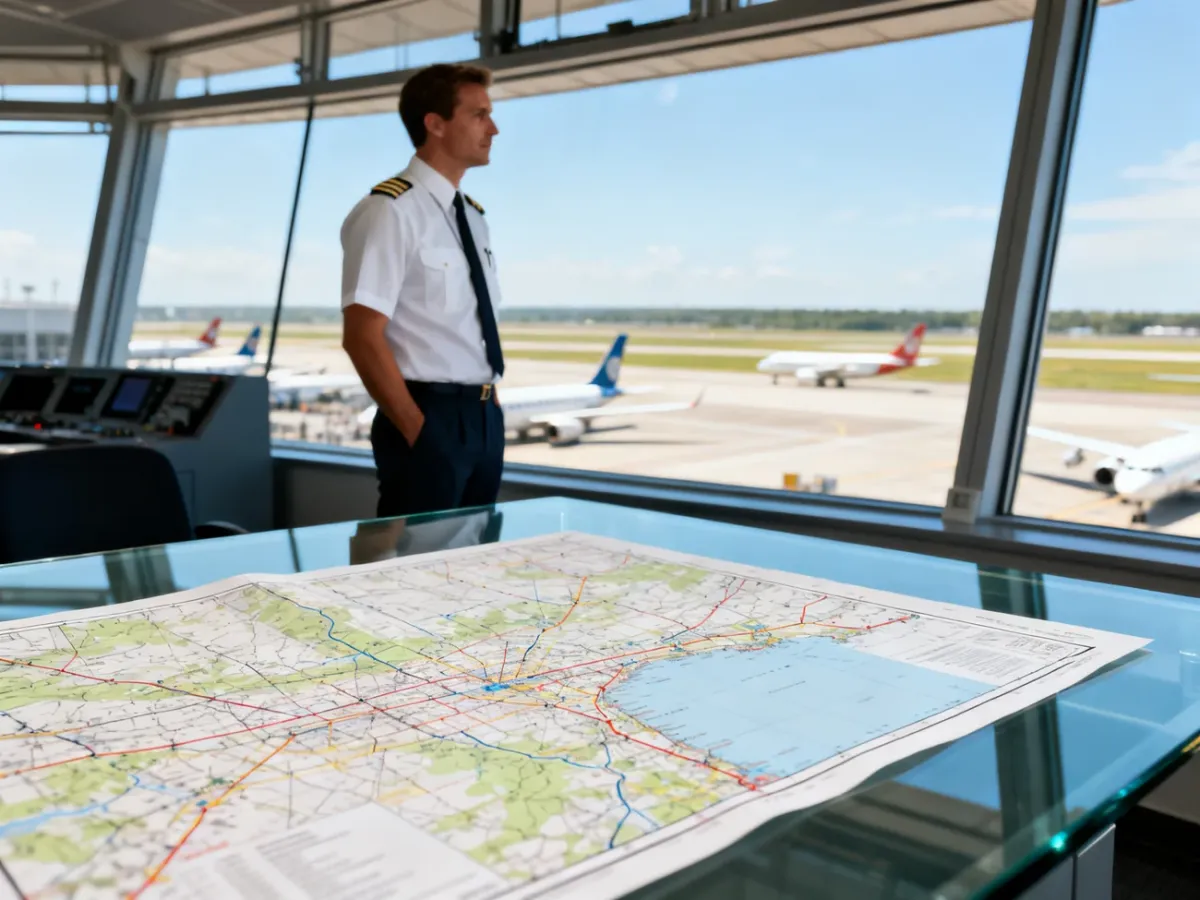Pilot w wieży kontroli lotów analizuje mapę nawigacyjną z widokiem na płytę lotniska.