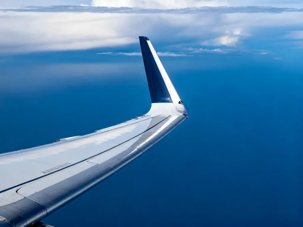 Zbliżenie na statecznik pionowy i ster kierunku nowoczesnego samolotu w locie na tle błękitnego nieba.