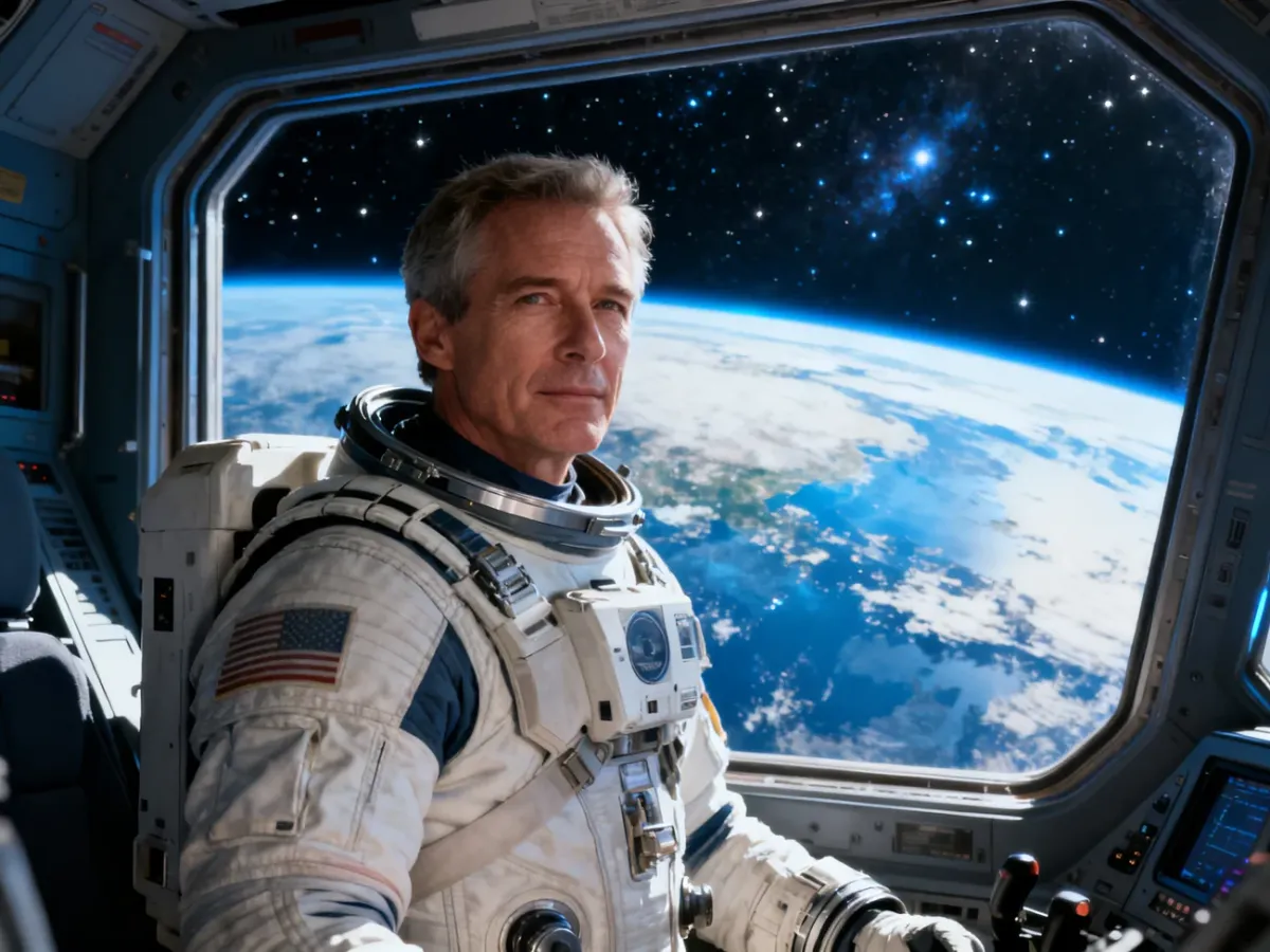 Astronauta w skafandrze wewnątrz nowoczesnego statku kosmicznego z widokiem na Ziemię przez okno.