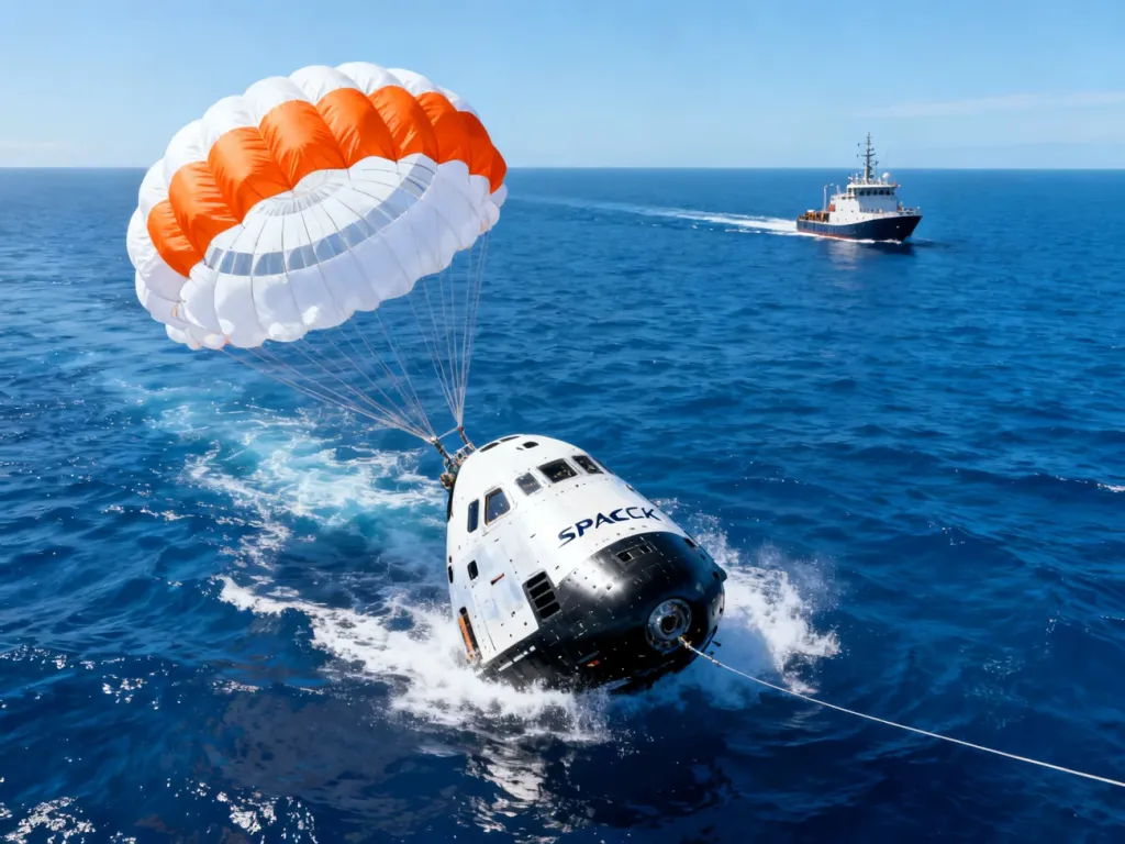 Kapsuła SpaceX Dragon lądująca na oceanie z rozwiniętymi spadochronami w oczekiwaniu na statek ratowniczy.