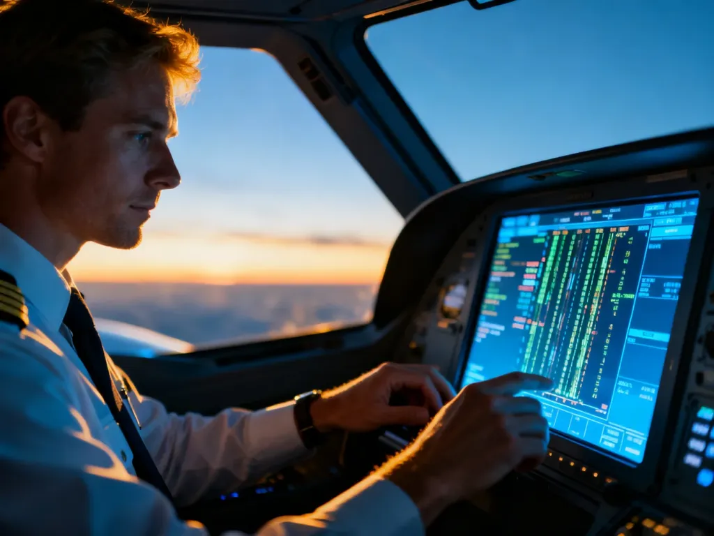 Pilot w nowoczesnym kokpicie obsługujący system ACARS na wyświetlaczu danych podczas lotu o zachodzie słońca.