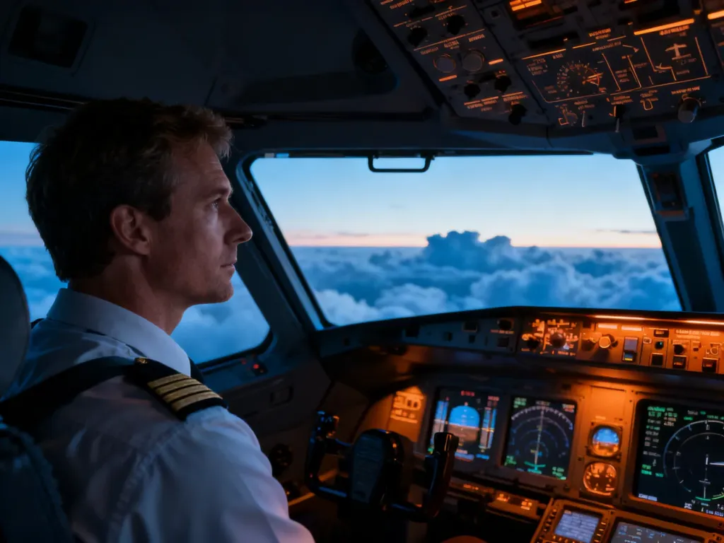 Pilot w kokpicie samolotu skupiony na przyrządach pokładowych podczas lotu w chmurach.