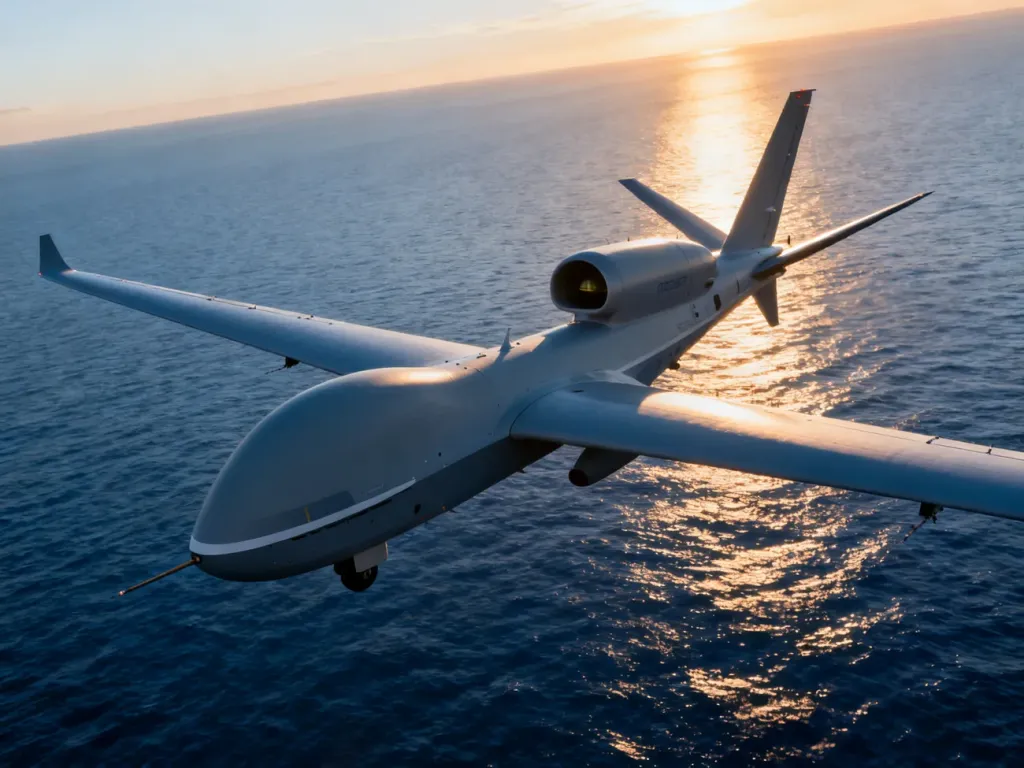 Bezzałogowy statek powietrzny MQ-4C Triton lecący nad oceanem w świetle zachodzącego słońca.