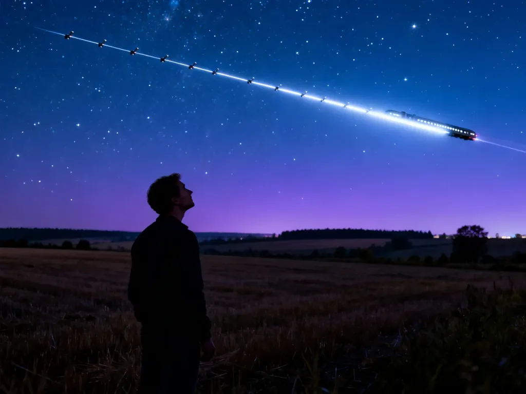 Mężczyzna obserwujący nocne niebo, na którym widoczny jest świetlisty sznur satelitów Starlink nad wiejskim krajobrazem.