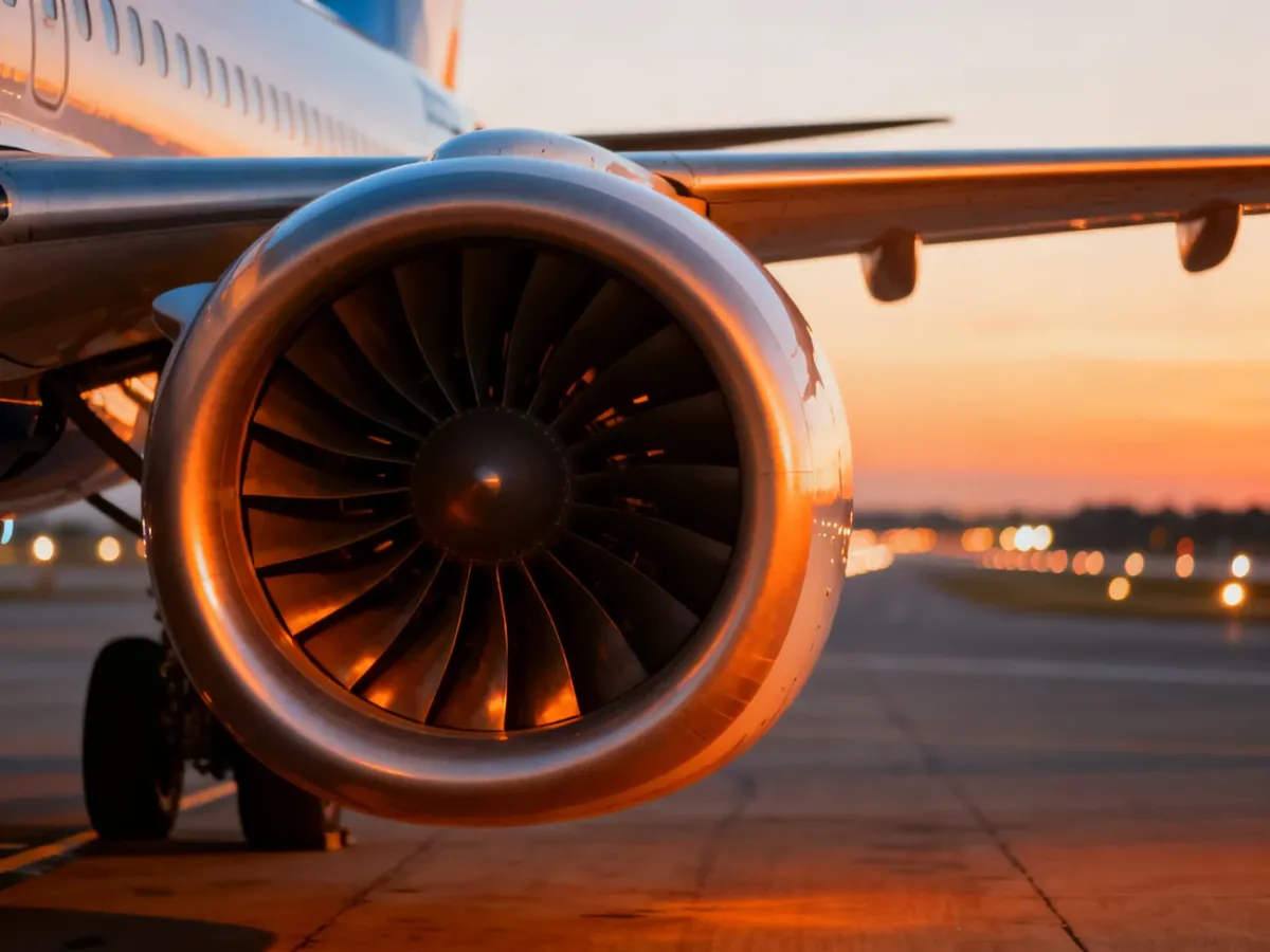 Zbliżenie na nowoczesny silnik odrzutowy Boeinga 737 Max w świetle zachodzącego słońca na płycie lotniska.