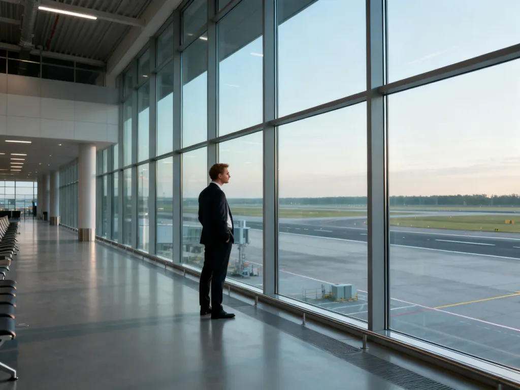 Pusty terminal lotniska w Lublinie z mężczyzną patrzącym przez okno na nieczynny pas startowy.