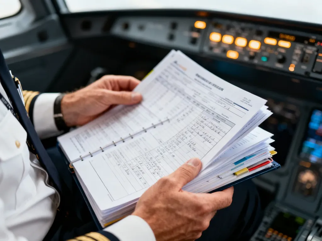 Pilot w kokpicie nowoczesnego samolotu przeglądający dokumentację lotniczą i dziennik pokładowy.
