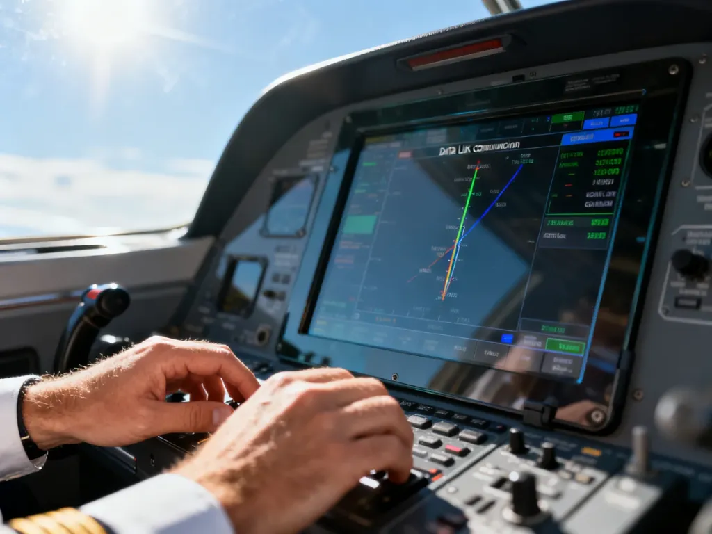 Pilot obsługujący interfejs CPDLC na wyświetlaczu w nowoczesnym kokpicie samolotu.