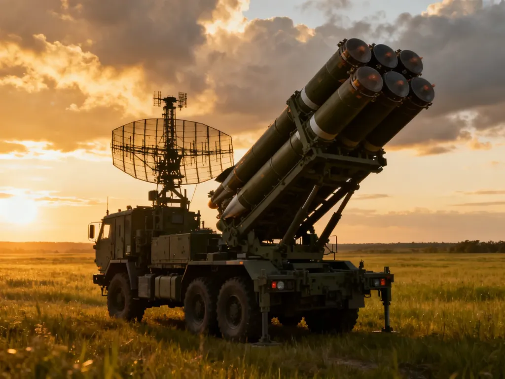 Wyrzutnia systemu MIM-104 Patriot ustawiona na polu podczas zachodu słońca, gotowa do działań obronnych.