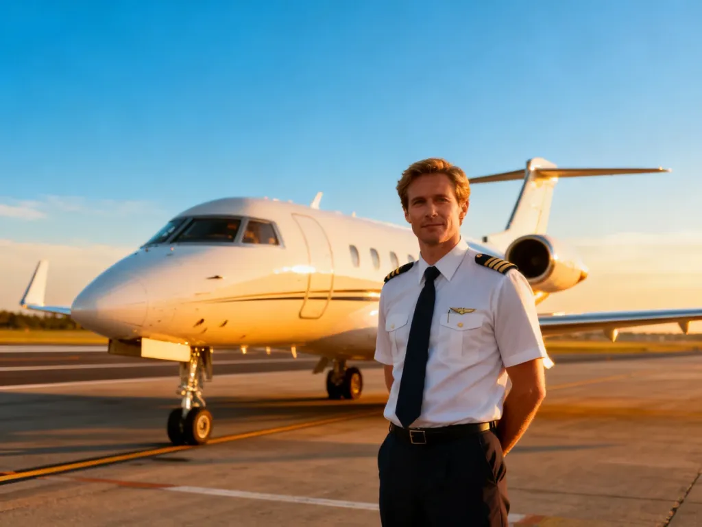 Pilot w mundurze stoi na płycie lotniska przed prywatnym odrzutowcem w świetle zachodzącego słońca.