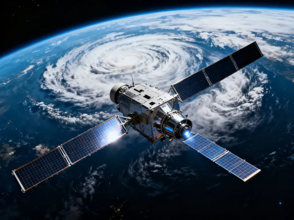 Wojskowy satelita meteorologiczny na orbicie Ziemi, monitorujący zjawiska pogodowe w wysokiej rozdzielczości.