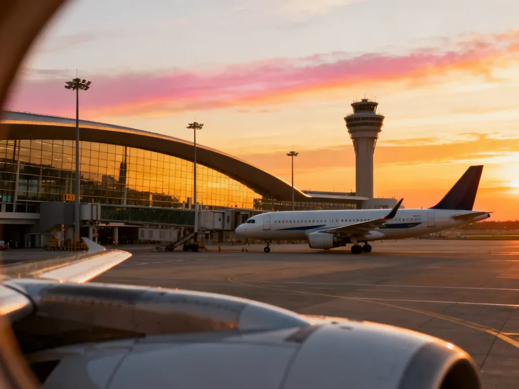 Nowoczesny terminal lotniska w Bydgoszczy z zaparkowanym samolotem pasażerskim w świetle zachodzącego słońca.
