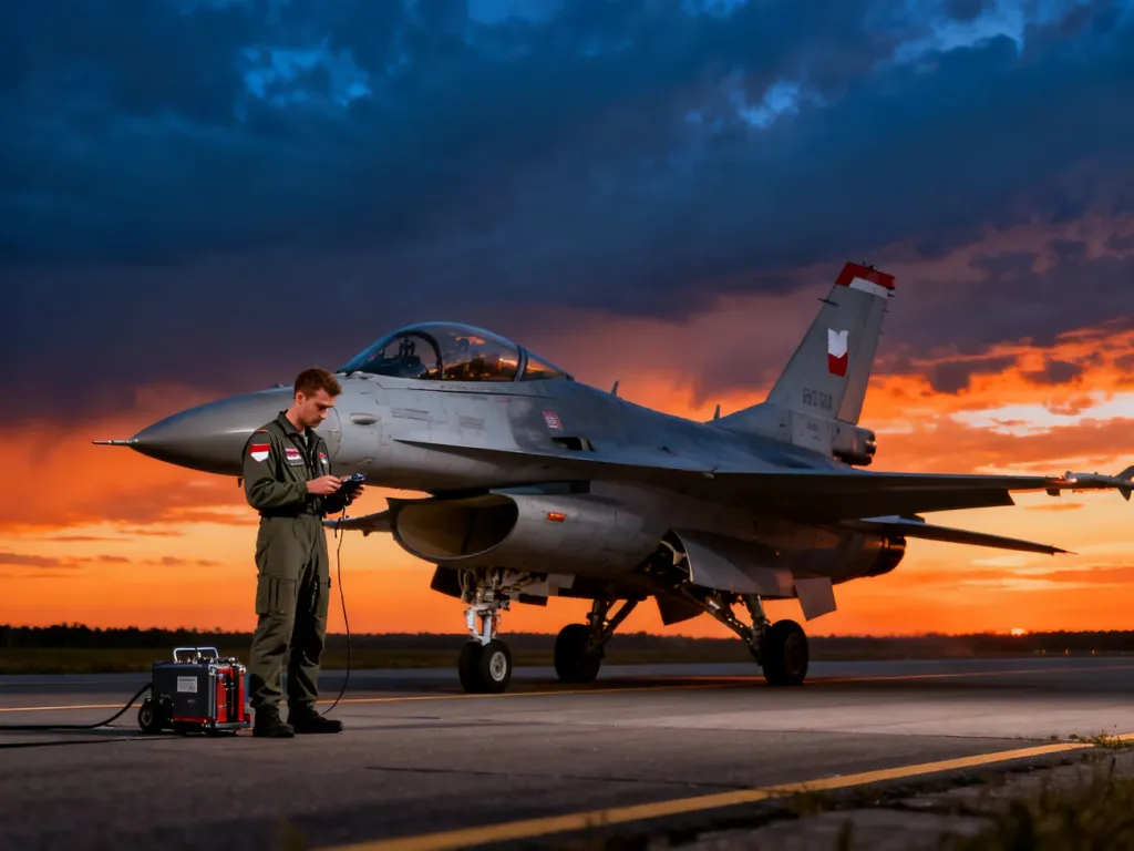 Polski myśliwiec F-16 na pasie startowym podczas zachodu słońca z technikiem obsługi naziemnej w tle.