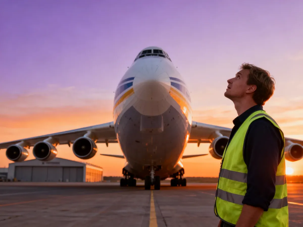 Potężny samolot transportowy Antonov An-225 Mriya na lotnisku podczas zachodu słońca, z podziwiającym go pracownikiem.