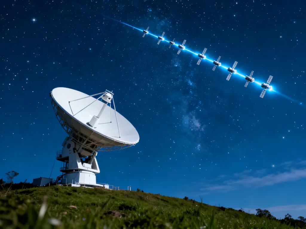 Antena Starlink na trawiastym wzgórzu, odbierająca sygnał z konstelacji satelitów widocznych na nocnym niebie.