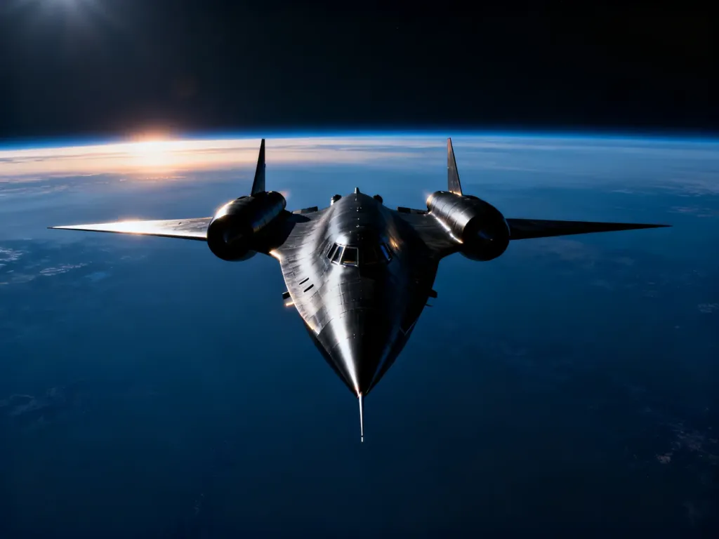 Czarny samolot SR-71 Blackbird lecący w stratosferze na tle krzywizny Ziemi. Aerodynamiczna sylwetka maszyny w pełnym słońcu.