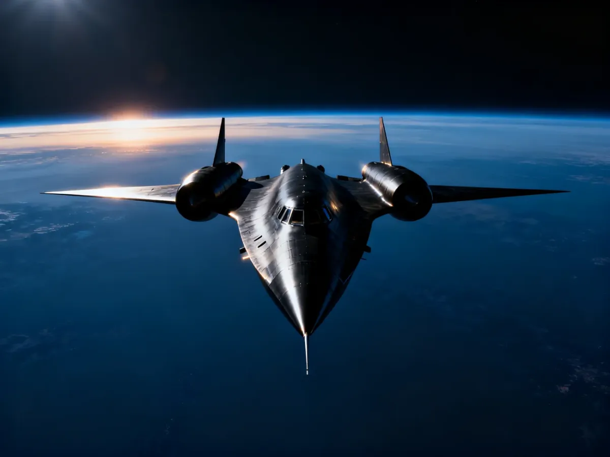 Czarny samolot SR-71 Blackbird lecący w stratosferze na tle krzywizny Ziemi. Aerodynamiczna sylwetka maszyny w pełnym słońcu.
