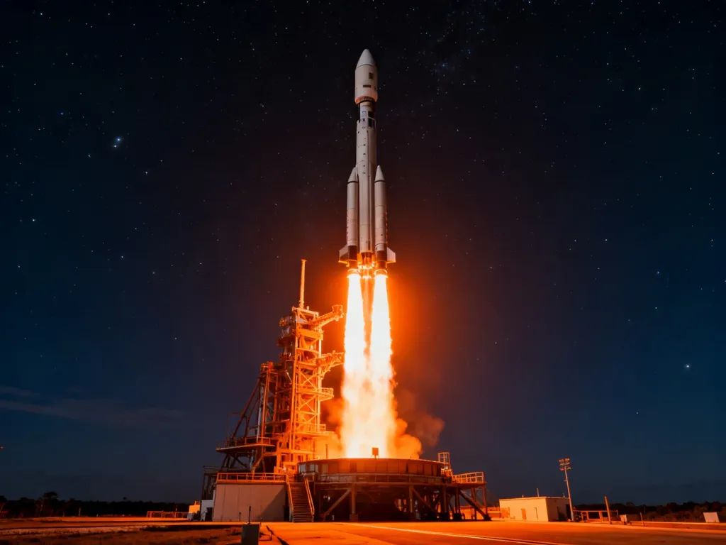 Rakieta Falcon 9 startująca w nocy, rozświetlająca niebo jasnym płomieniem silników na tle ciemnej przestrzeni kosmicznej.