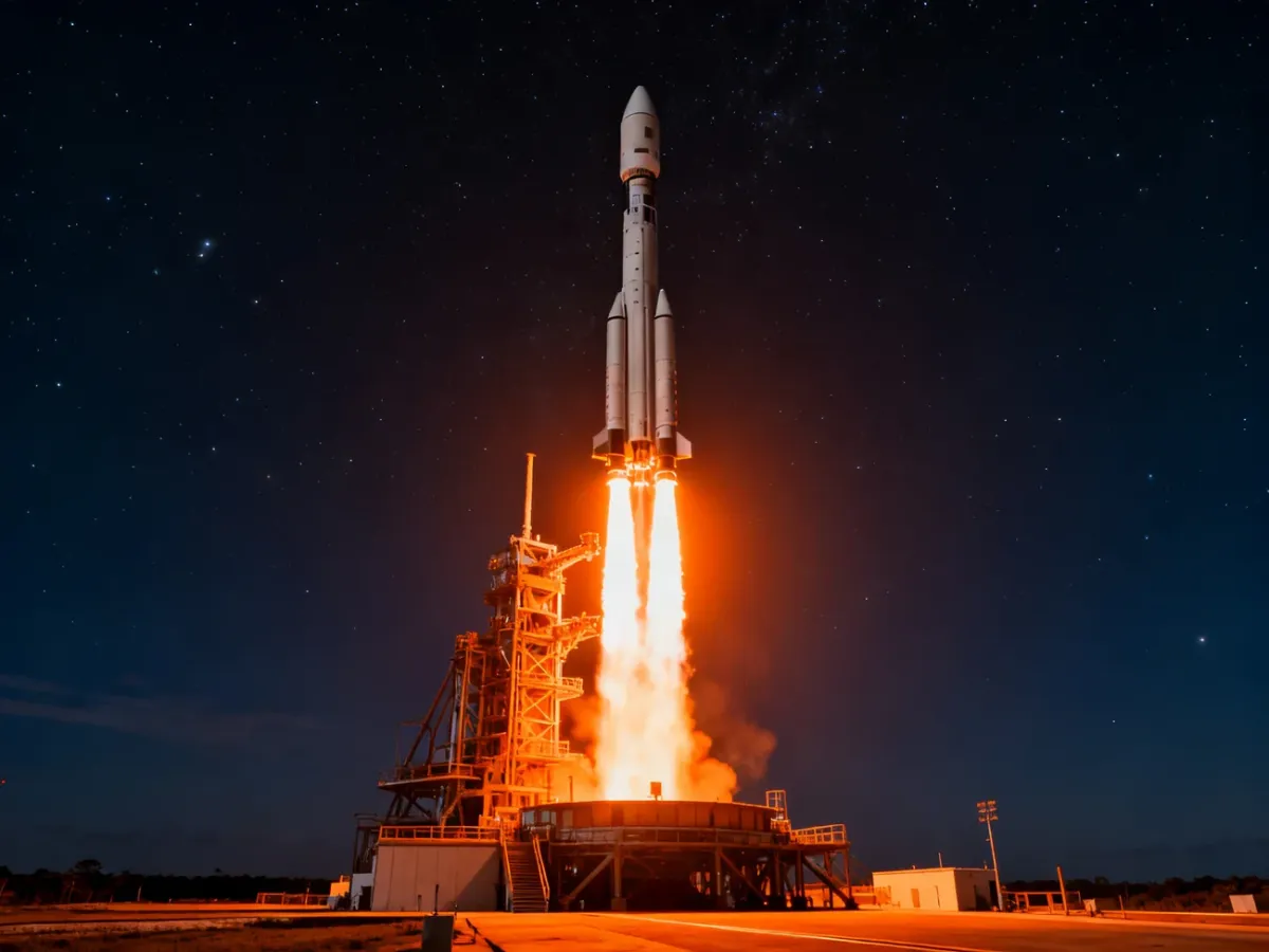 Rakieta Falcon 9 startująca w nocy, rozświetlająca niebo jasnym płomieniem silników na tle ciemnej przestrzeni kosmicznej.