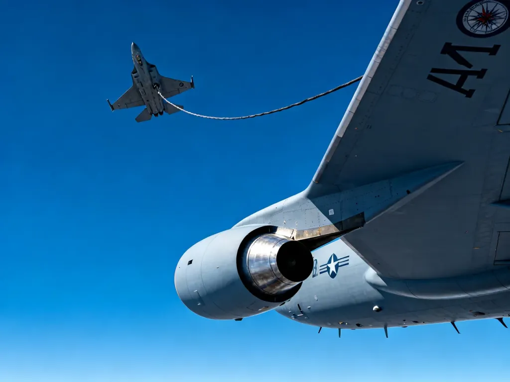 Boeing KC-135 Stratotanker podczas podniebnego tankowania myśliwca w locie.