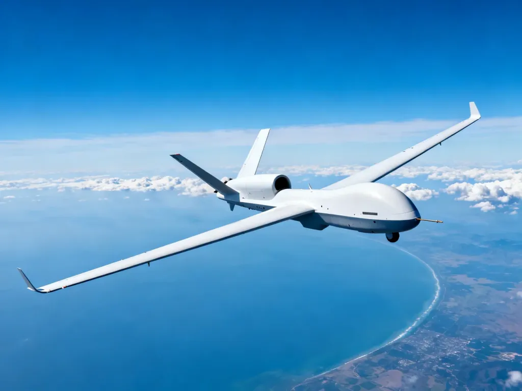 Bezzałogowy statek powietrzny RQ-4B Global Hawk lecący na tle błękitnego nieba i widocznej w oddali krzywizny Ziemi.