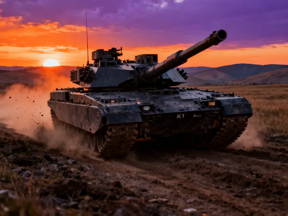 Nowoczesny czołg K2 Black Panther poruszający się w trudnym terenie podczas zachodu słońca.