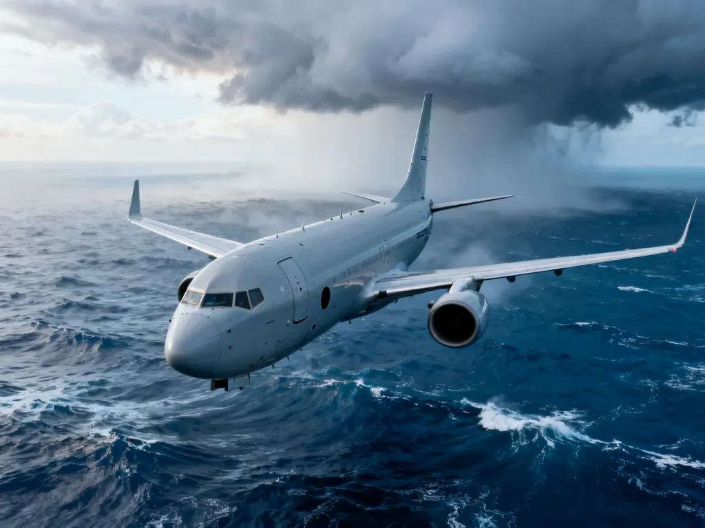 Boeing P-8A Poseidon lecący nisko nad wzburzonym oceanem podczas patrolu morskiego w pochmurny dzień.
