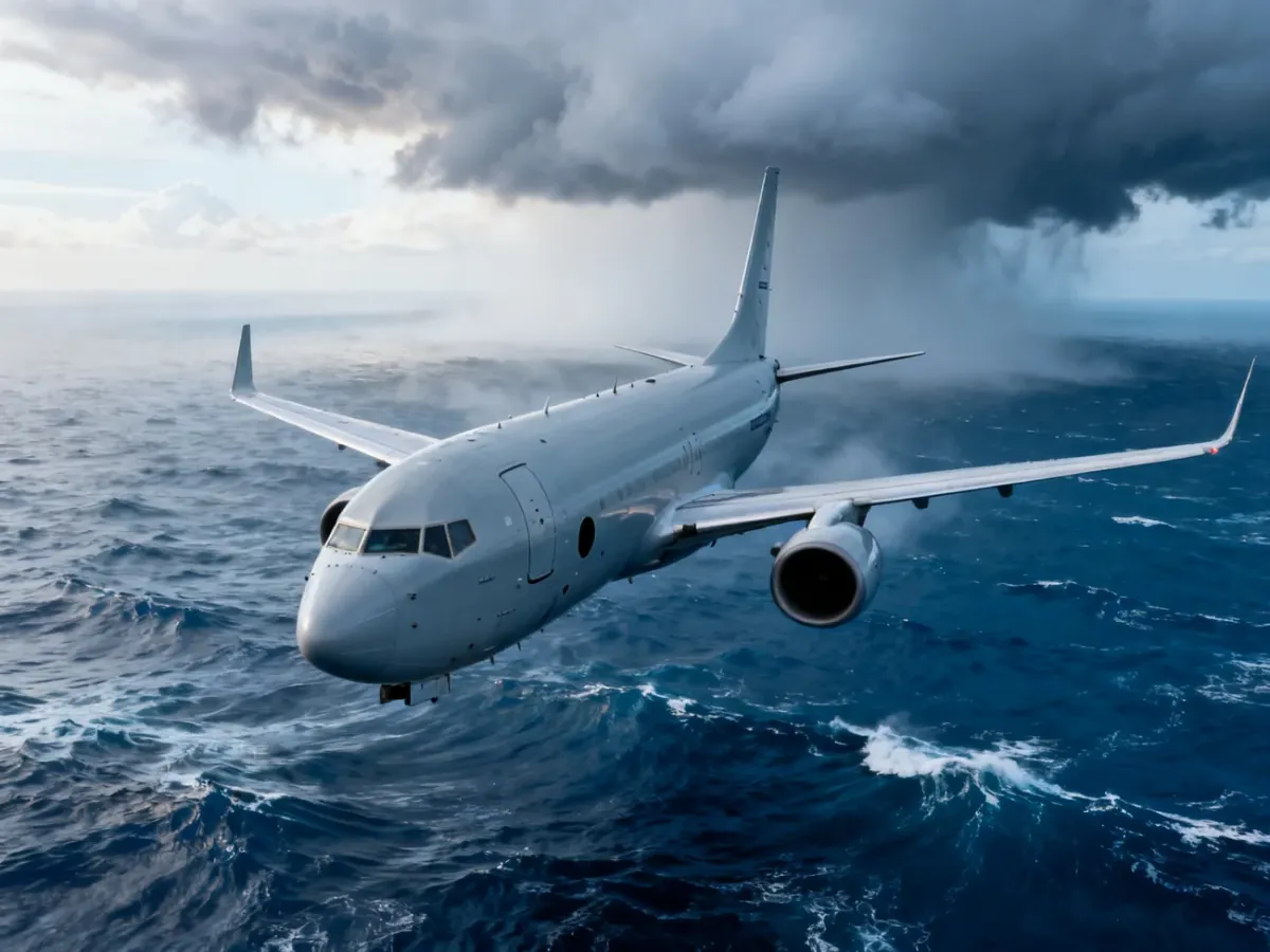 Boeing P-8A Poseidon lecący nisko nad wzburzonym oceanem podczas patrolu morskiego w pochmurny dzień.