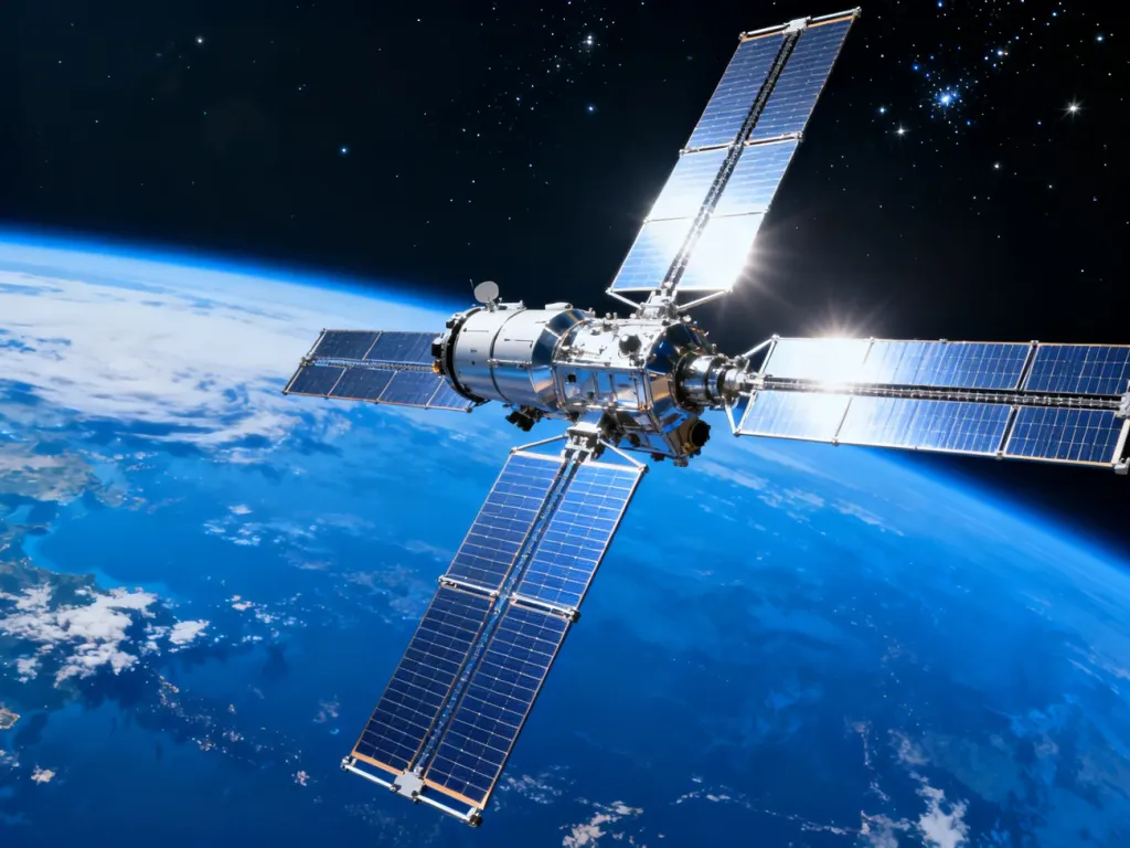 Nowoczesny satelita na orbicie Ziemi z widocznymi panelami słonecznymi na tle rozgwieżdżonego kosmosu.