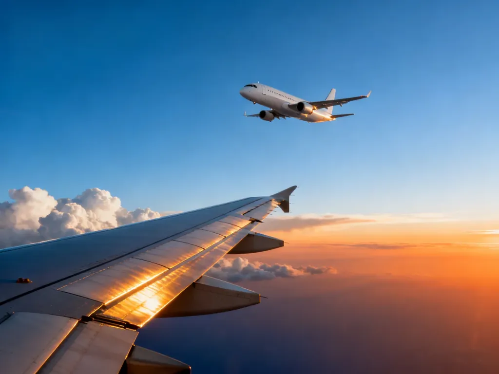 Nowoczesny samolot pasażerski linii Enter Air lecący na tle zachodzącego słońca i błękitnego nieba.