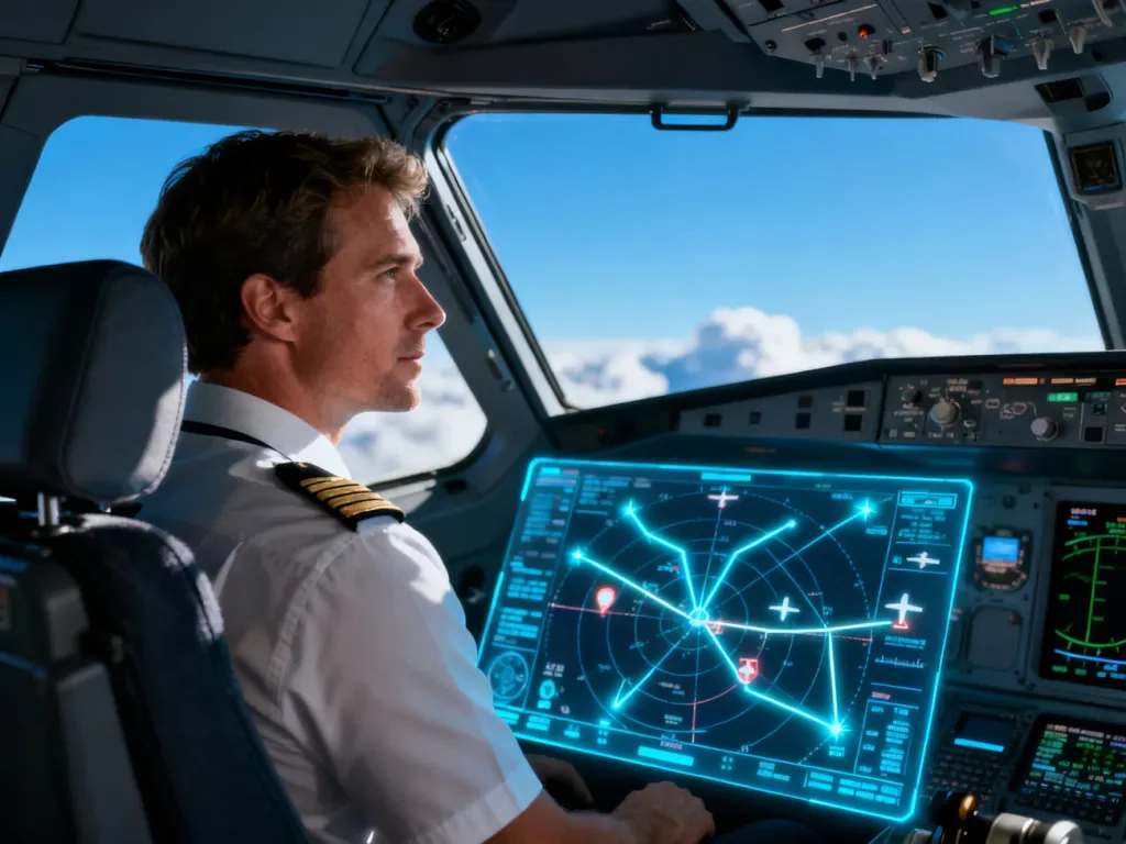 Pilot w nowoczesnym kokpicie samolotu obserwuje niebo, a na pierwszym planie widoczny jest szczegółowy ekran radaru lotów.