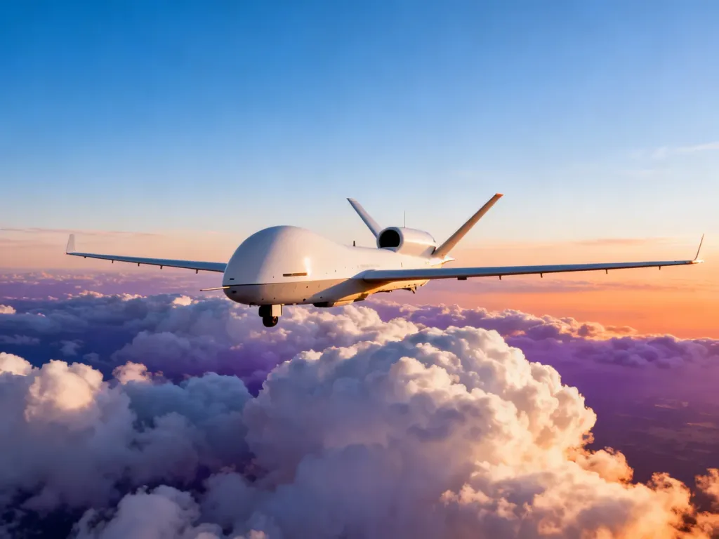 Bezzałogowy statek powietrzny RQ-4 Global Hawk lecący nad chmurami w blasku zachodzącego słońca.