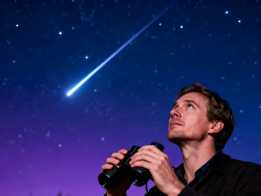 Mężczyzna z lornetką obserwuje nocne niebo, na którym widoczna jest jasna smuga przelatującego satelity.