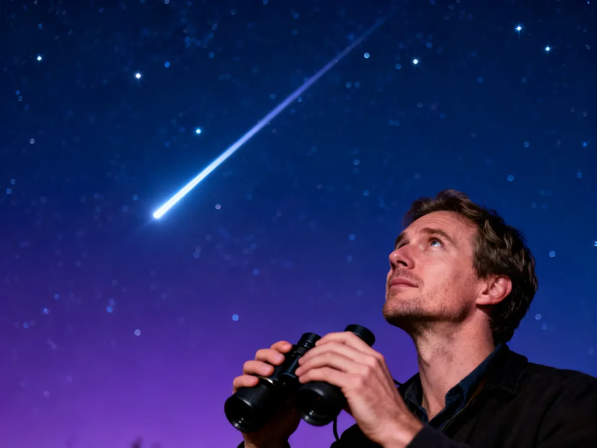 Mężczyzna z lornetką obserwuje nocne niebo, na którym widoczna jest jasna smuga przelatującego satelity.