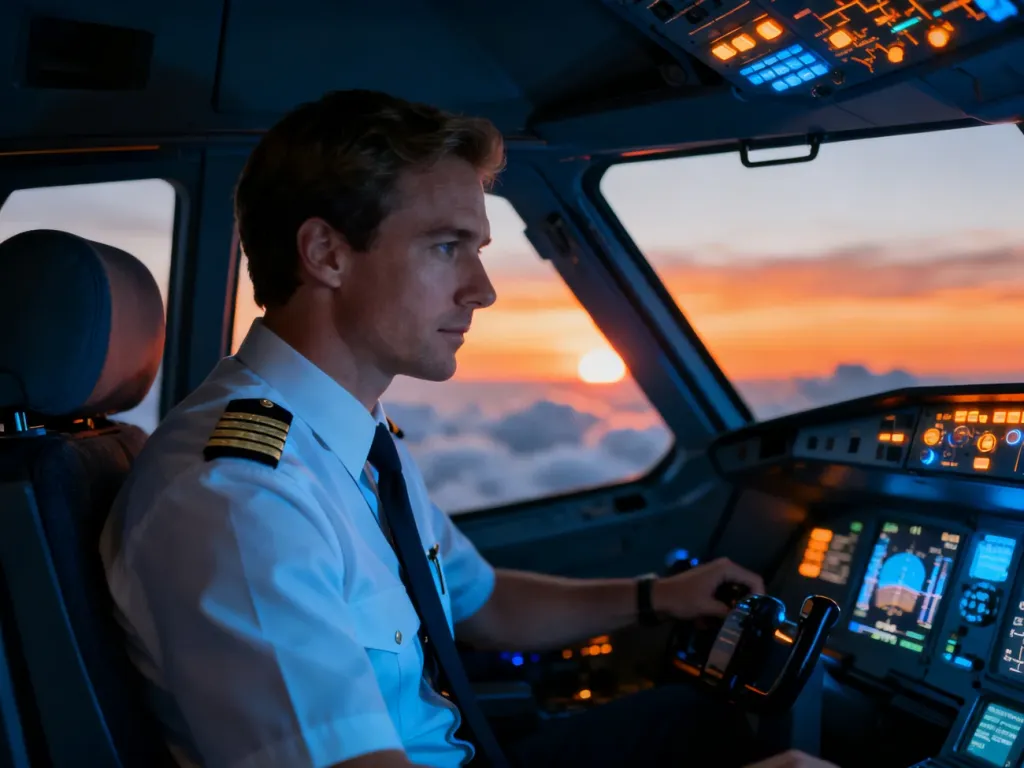 Pilot w mundurze skupiony na obsłudze panelu sterowania w nowoczesnym kokpicie samolotu podczas lotu o zachodzie słońca.