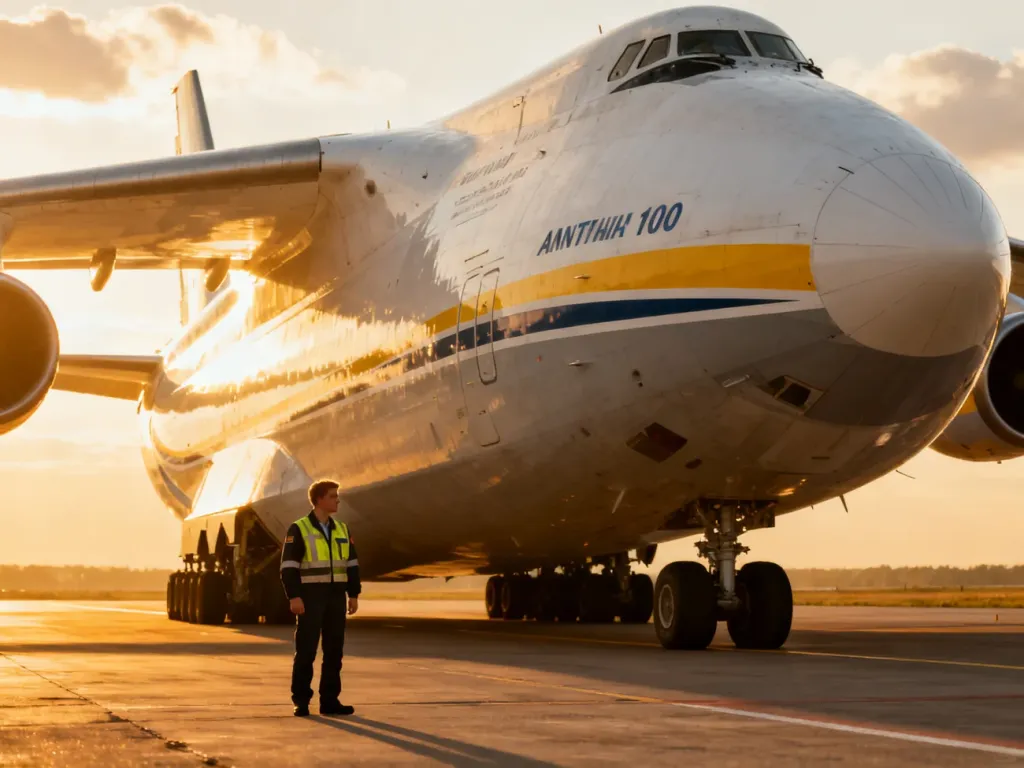 Potężny samolot transportowy Antonov An-124-100 na płycie lotniska w świetle zachodzącego słońca z pracownikiem obsługi.