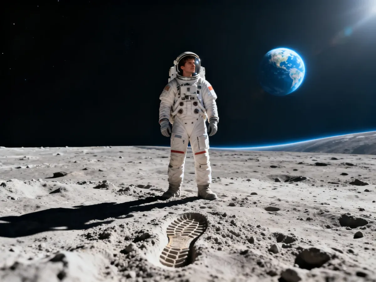 Astronauta stojący na powierzchni Księżyca z widocznym śladem buta oraz Ziemią w tle na tle czarnej przestrzeni kosmicznej.